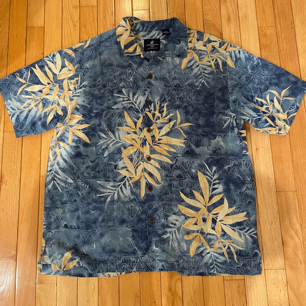 Caribbean Joe Island Supply Co. LARGE Blue SILK Hawaiian Camp Shirt